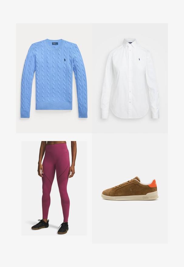 Light blue cable-knit sweater with a round neck, ribbed cuffs, and hem. Features a small logo on the chest. Textured fabric.; White button-up shirt with a pointed collar, long sleeves, and a small blue logo on the left chest. Crafted from cotton fabric.; Fitted athletic leggings in a deep pink hue with textured panels, striped accents, and high waistband, paired with black athletic shoes.; Brown suede sneaker with a cream rubber sole, featuring orange accents at the heel and a small logo detail on the side.