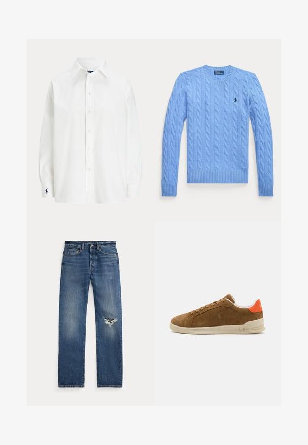 Suéter de punto trenzado azul claro con cuello redondo, puños y dobladillo acanalados. Presenta un pequeño logo en el pecho. Tejido texturizado.; Camisa blanca de botones con manga larga, cuello clásico y un pequeño logo azul en el puño. Tela de algodón suave, ajuste estructurado.; Jeans de mezclilla azul con una cintura de altura media, cinco bolsillos y un desgarro deshilachado en la rodilla derecha.; Zapatillas de ante marrón con una suela de goma crema, que presentan acentos naranjas en el talón y un pequeño logo en el lateral.