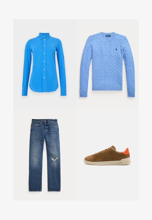 Svetlo modra pletena pulover s okroglim ovratnikom, rebrastimi manšetami in robom. Na prsih ima majhen logotip. Teksturna tkanina.; Modra majica z dolgimi rokavi z ovratnikom s sponkami, z belimi gumbi in majhnim vezenim logotipom na levi strani prsnega dela. Gladek tekstura tkanine.; Modre jeans hlače z zmerno visokim pasom, petimi žepi in strganim delom na desnem kolenu.; Rjav semiš športni copat s kremnim gumijastim podplatom, ki ima oranžne poudarke na peti in majhen logotip na strani.