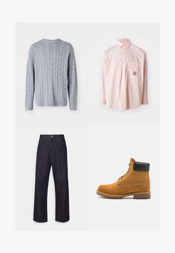 Light blue knitted sweater with cable knit pattern, long sleeves, and round neckline. Ribbed cuffs and hem add texture and structure.; Light pink button-up shirt with two chest pockets and a logo label. Made of cotton with a classic collar and long sleeves.; Dark blue straight-leg denim jeans with yellow stitching, front button, zipper fly, and five-pocket design.; Tan suede ankle boot with black padded collar, gold metal eyelets, white stitching detailing, and rugged rubber sole with pronounced treads.