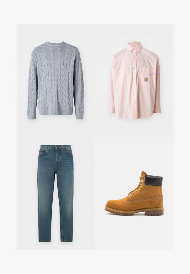 Light blue knitted sweater with cable knit pattern, long sleeves, and round neckline. Ribbed cuffs and hem add texture and structure.; Light pink button-up shirt with two chest pockets and a logo label. Made of cotton with a classic collar and long sleeves.; Blue denim jeans with a straight-leg design, faded texture, five-pocket style, and metal button closure at the waistband.; Tan suede ankle boot with black padded collar, gold metal eyelets, white stitching detailing, and rugged rubber sole with pronounced treads.