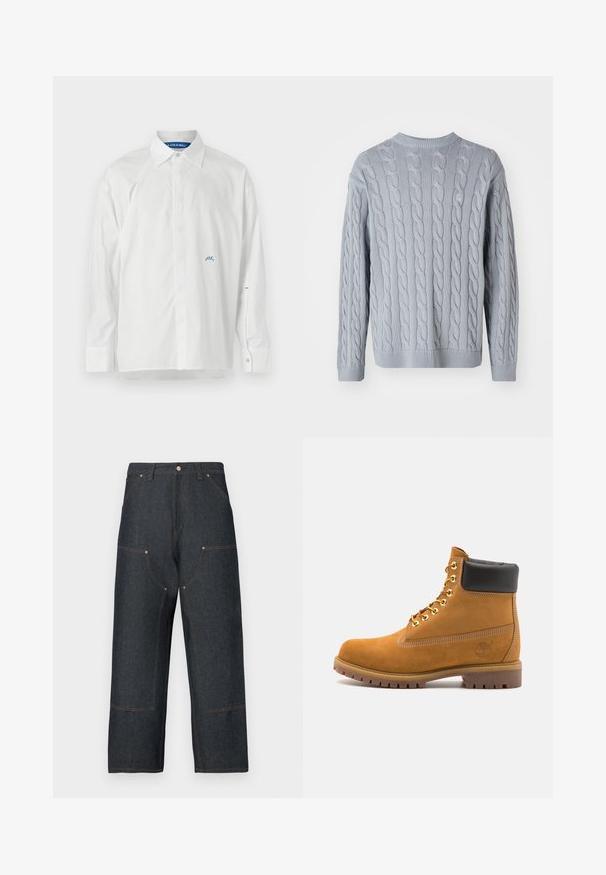 Šviesiai mėlynas megztinis su pynimo raštu, ilgomis rankovėmis ir apvaliu kaklu. Raštuoti rankogaliai ir apatinė dalis suteikia tekstūrą ir struktūrą.; Balta ilgomis rankovėmis marškiniai, pagaminti iš medvilnės. Yra smailas kolorė, mygtukų uždarymas ir mėlynas logotipas ant krūtinės ir rankovės. Minkšta tekstūra.; Tamsiai mėlyni džinsai iš džinsinio audinio su plačiomis kojų apačiomis, kontrastingomis oranžinėmis siūlėmis, priekinių kišenių ir klasikiniu užsegimu su saga.; Tan spalvą turintys suknelės batus iki kulkšnies su juodu paminkštintu apvadu, auksiniais metaliniais akių užsegimais, baltais siūlų dekoratyviniais elementais ir tvirtu guminiu padu su ryškiai išreikštais raštais.