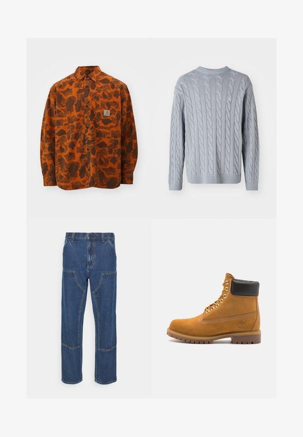 Light blue knitted sweater with cable knit pattern, long sleeves, and round neckline. Ribbed cuffs and hem add texture and structure.; Carhartt WIP DUCK - Shirt - green/turmeric; Blue denim jeans with a straight leg, front patch pockets, and contrasting stitches. The fabric has a classic texture and finish.; Tan suede ankle boot with black padded collar, gold metal eyelets, white stitching detailing, and rugged rubber sole with pronounced treads.