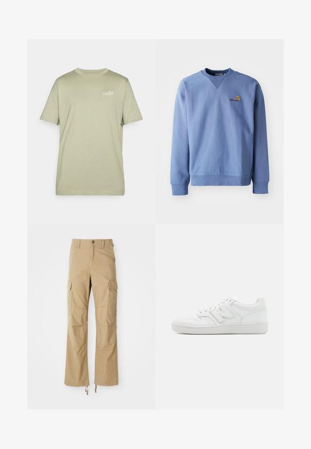 Modra športna majica s krožnim izrezom, rebrastimi manšeti in robom ter majhnim vezenim logotipom na prsih. Narejena iz mehkega, teksturiranega materiala.; Olive zelena majica s kratkimi rokavi in okroglem ovratu. Ima majhen bel Puma logotip na prsih. Narejena je iz mehkega in lahkega materiala.; Khaki cargo hlače, izdelane iz trpežne tkanine, z več stranskimi žepi, ravnim krojem in nastavljivimi vrvicami na robu.; Bela teniska iz gladke usnjene obdelave, z perforiranim prstnim delom, teksturiranim gumijastim podplatom, ravnimi vezalkami in opaznim logotipom 'N' na strani.