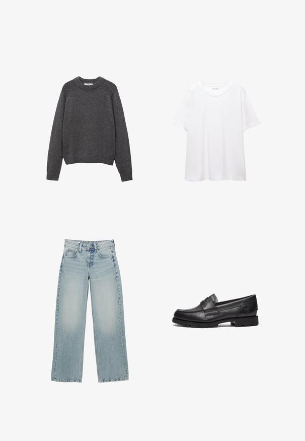 Dunkelgrauer Pullover mit rundem Ausschnitt, gerippten Bündchen und Saum. Strickstruktur mit lockerer Passform und langen Ärmeln.; Ein schlichtes, weißes T-Shirt aus Baumwolle mit rundem Halsausschnitt, kurzen Ärmeln und lockerer Passform. Glatte Textur ohne Muster oder Akzente.; Helle, blaue Denim-Hosen mit weitem Bein und hoher Taille, ausgestattet mit fünf Taschen, einem Knopfverschluss und dezentem Ausbleichen für einen getragenen Effekt.; Timberland Slipper - black
