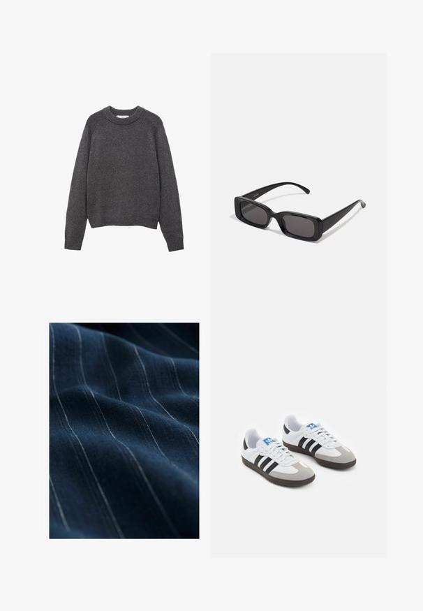 Tmavohnedý sveter s okrúhlym výstrihom, rebrovanými manžetami a lemom. Pletená textura s voľným strihom a dlhými rukávmi.; Jednoduché biele tričko vyrobené z bavlny s okrúhlym výstrihom, krátkymi rukávmi a voľným strihom. Hladká textura bez vzorov alebo akcentov.; Námorná látka s jemnými bielymi vertikálnymi pásikmi, ukazujúca hladkú štruktúru a mierny lesk, preložená tak, aby zdôraznila svoj pád a jemnosť.; Športové topánky s bielym koženým zvrškom, šedou semišovou špičkou a tromi čiernymi pruhmi. Obsahujú modré logo na jazyku a štruktúrovanú gumovú podrážku.; Čierne obdĺžnikové slnečné okuliare s tmavými šošovkami, lesklým povrchom, širokými ramenami a robustným rámovým dizajnom. Vygravírované meno značky na jednom ramene.