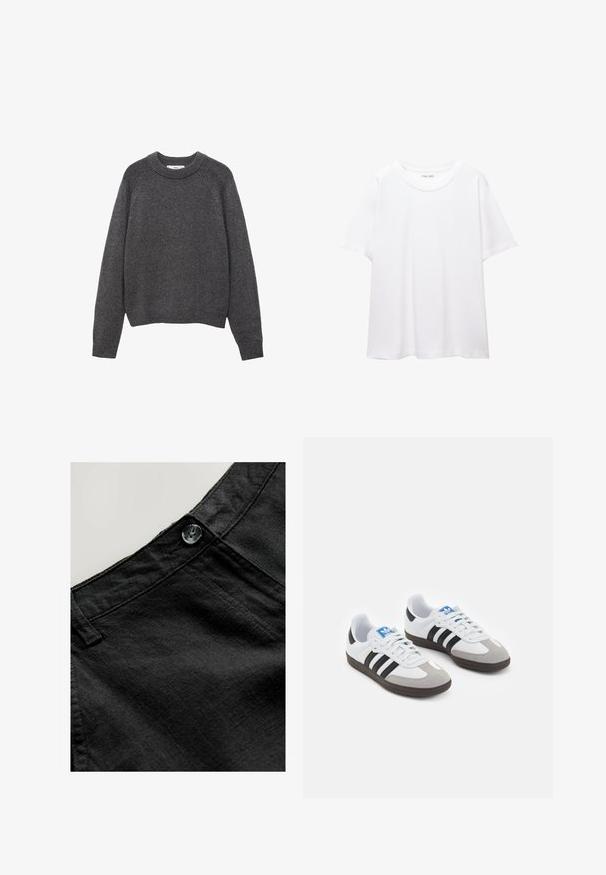 Pull gris foncé avec un col rond, des poignets et un ourlet côtelés. Texture tricotée avec une coupe décontractée et des manches longues.; T-shirt blanc uni en coton avec un col rond, des manches courtes et une coupe décontractée. Texture lisse sans motifs ni accents.; Pantalon en lin noir avec une texture lisse, équipé d'un bouton circulaire et de détails cousus à la taille et aux poches.; Baskets avec une tige en cuir blanc, un bout en daim gris et trois bandes noires. Présente un logo bleu sur la languette et une semelle en caoutchouc texturée.