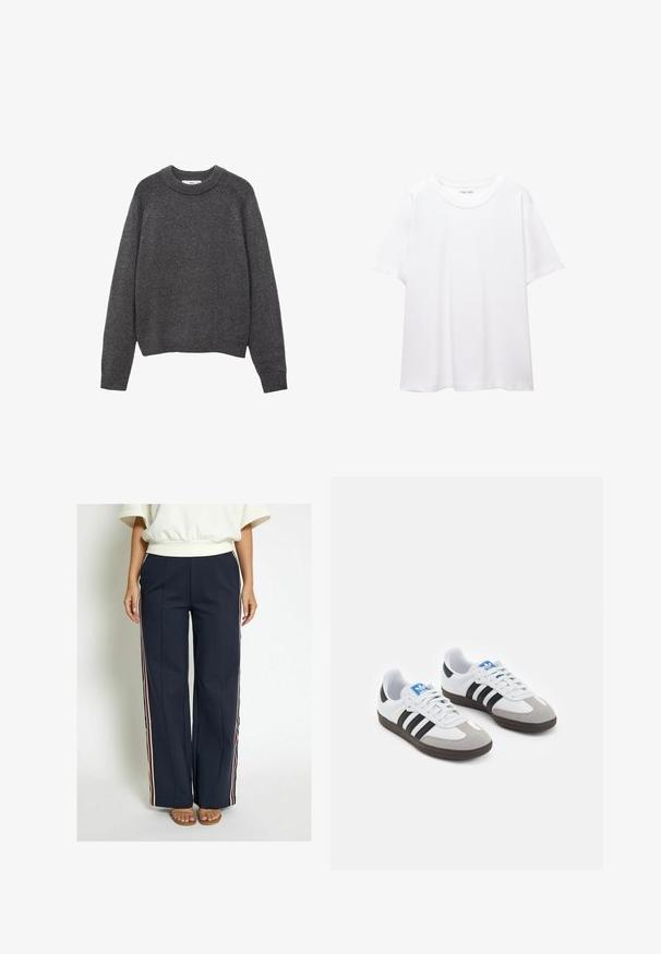 Donkergrijze trui met een ronde hals, ribgebreide boorden en zoom. Gebreide textuur met een ontspannen pasvorm en lange mouwen.; Effen wit T-shirt van katoen met een ronde hals, korte mouwen en een relaxte pasvorm. Glad textuur zonder patronen of accenten.; Navy wijdvallende broek van een zachte stof, voorzien van zijstrepen in rood, wit en blauw. Gedetailleerd met voorplooien.; Sportschoenen met een witte leren bovenkant, grijze suède neus en drie zwarte strepen. Bevat een blauw logo op de tong en een gestructureerde rubberen zool.