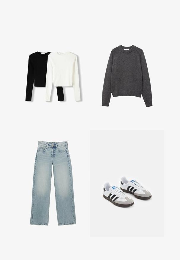 Dunkelgrauer Pullover mit rundem Ausschnitt, gerippten Bündchen und Saum. Strickstruktur mit lockerer Passform und langen Ärmeln.; Zwei langärmlige Cropped Tops, eines schwarz und eines weiß, aus einem glatten Stoff mit runden Ausschnitten und einer figurnahen Passform.; Helle, blaue Denim-Hosen mit weitem Bein und hoher Taille, ausgestattet mit fünf Taschen, einem Knopfverschluss und dezentem Ausbleichen für einen getragenen Effekt.; Sportschuhe mit einem Obermaterial aus weißem Leder, grauer Wildleder-Zehenkappe und drei schwarzen Streifen. Sie verfügen über ein blaues Logo auf der Zunge und eine strukturierte Gummisohle.