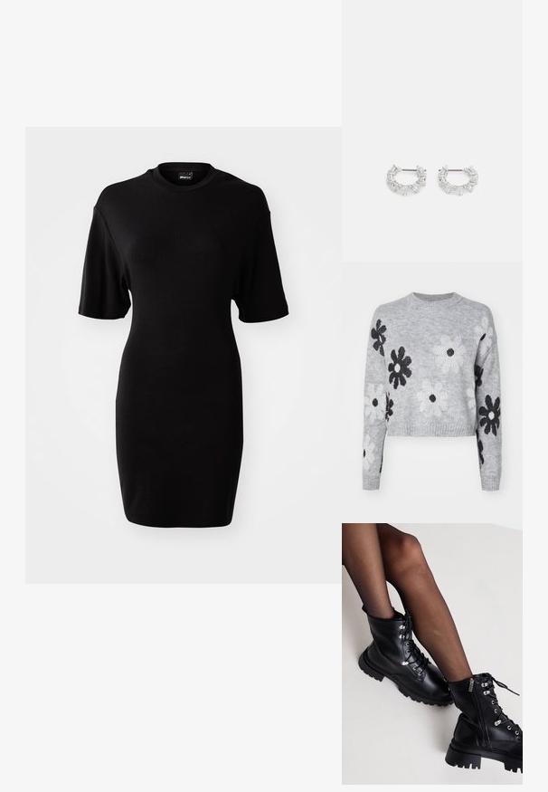 Light gray cropped knit sweater with black and white flower patterns, round neckline, and ribbed cuffs. Soft texture, casual design.; Black, short-sleeve dress made from soft fabric. Features a rounded neckline and a fitted silhouette with a knee-length hem.; Even&Odd Wide Fit Lace-up ankle boots - black; Silver hoop earrings featuring clear, rectangular and triangular crystals arranged in a patterned design. Posts for secure fastening.