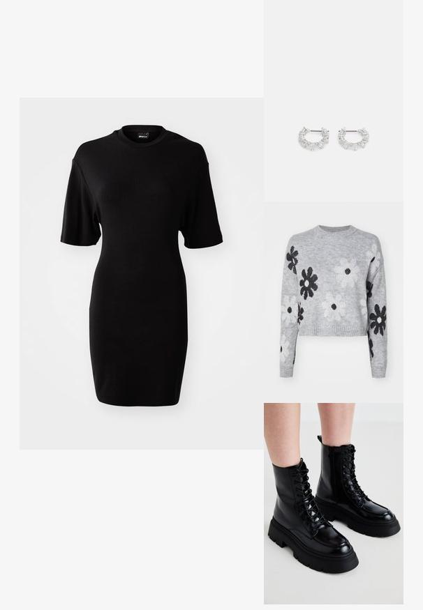 Light gray cropped knit sweater with black and white flower patterns, round neckline, and ribbed cuffs. Soft texture, casual design.; Black, short-sleeve dress made from soft fabric. Features a rounded neckline and a fitted silhouette with a knee-length hem.; Black leather ankle boots with a chunky sole, lace-up front, and side zipper; features a smooth finish and raised toe cap.; Silver hoop earrings featuring clear, rectangular and triangular crystals arranged in a patterned design. Posts for secure fastening.