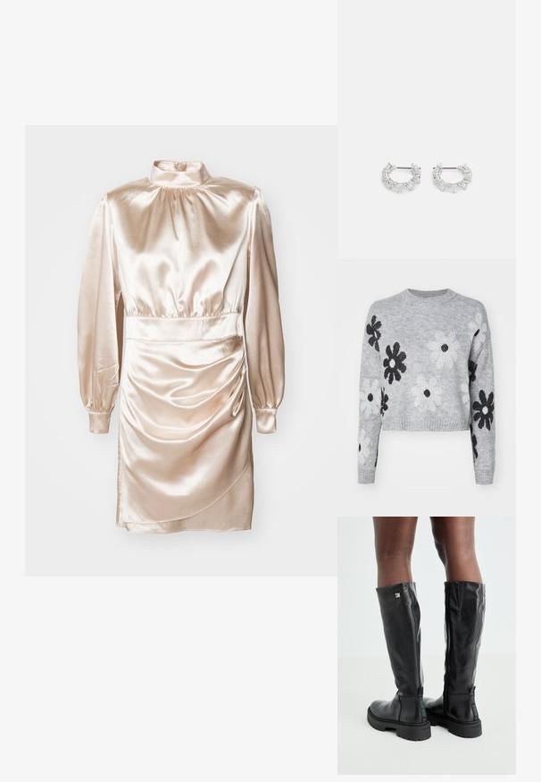 Világosszürke, rövidített kötött pulóver fekete és fehér virágmintával, kerek nyakkivágással és bordázott mandzsettákkal. Puha tapintás, lezser dizájn.; Szatén, hosszú ujjú ruha lágy barack színben, magas gallérral, ráncolt derékkal és hajtogatott anyag részletekkel. Simogató, fényes textúra.; Fekete, térd fölé érő bőr csizmák sima textúrával, lekerekített orral, vastag talppal és cipzáras záródással. Ezüst színű logó található az oldalon.; Ezüst karika fülbevalók, átlátszó, téglalap és háromszög alakú kristályokkal, mintás elrendezésben. Biztonságos rögzítést biztosító fülbevaló pálcikák.