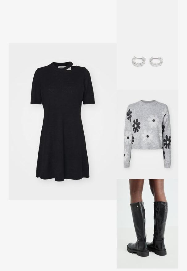 Világosszürke, rövidített kötött pulóver fekete és fehér virágmintával, kerek nyakkivágással és bordázott mandzsettákkal. Puha tapintás, lezser dizájn.; Rövid ujjú, fekete ruha könnyű anyagból. Kerek nyakú és fodros szegélyű, egyedi kivágással a nyakrészen.; Fekete, térd fölé érő bőr csizmák sima textúrával, lekerekített orral, vastag talppal és cipzáras záródással. Ezüst színű logó található az oldalon.; Ezüst karika fülbevalók, átlátszó, téglalap és háromszög alakú kristályokkal, mintás elrendezésben. Biztonságos rögzítést biztosító fülbevaló pálcikák.