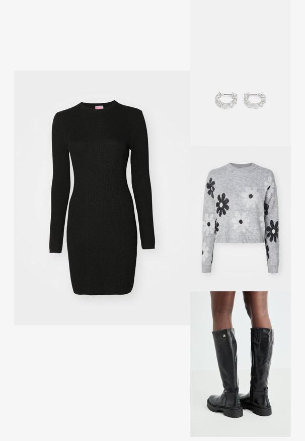 Hellgrauer, kurzgeschnittener Strickpullover mit schwarz-weißen Blumenmustern, Rundhalsausschnitt und gerippten Bündchen. Weiche Textur, lässiges Design.; Schwarzes geripptes Strickkleid mit langen Ärmeln, rundem Ausschnitt und taillierter Passform, das durchgehend einen dezenten Glanz im Stoff aufweist.; Schwarze knielange Lederstiefel mit glatter Textur, abgerundetem Zeh, robustem Absatz und Reißverschluss. Mit silbernem Logo an der Seite.; Silberne Creolen mit klaren, rechteckigen und dreieckigen Kristallen, die in einem gemusterten Design angeordnet sind. Sicherer Halt durch Stecker.