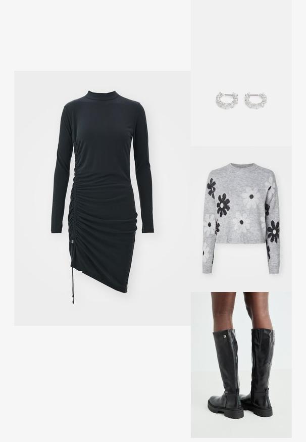Pulover tricotat scurt gri deschis cu modele de flori negre și albe, decolteu rotund și manșete cu nervuri. Textură moale, design casual.; Rochie lungă neagră cu mâneci lungi, fabricată dintr-un material elastic, având un guler tip mock, detalii pliate pe laturi și o linie a tivului asimetrică.; Cizme negre din piele, până la genunchi, cu o textură netedă, vârf rotund, talpă masivă și închidere cu fermoar. Prezintă un logo argintiu pe lateral.; Cercei argintii în formă de cerc, pe care sunt așezate cristale clare, rectangulare și triangulară, dispuse într-un design patterned. Acestora le sunt atașate piese pentru o fixare sigură.
