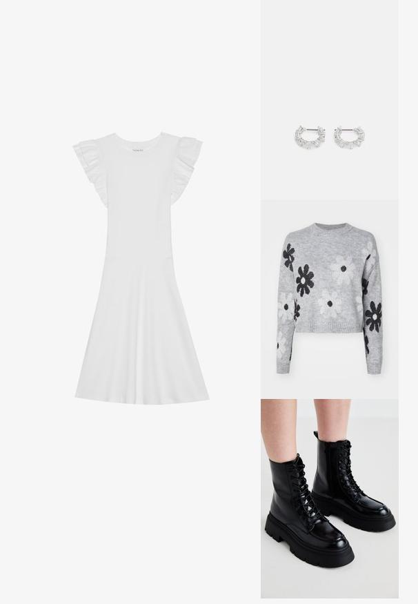 Gaišpelēka īsa adīta džemperis ar melnbaltiem ziedu rakstiem, apaļš dekoltē un ribotas piedurknes. Mīksta tekstūra, ikdienišķs dizains.; Balta kokvilnas kleita ar īsām drapētām piedurknēm, apaļu kakla izgriezumu un izplestu svārku. Gluda tekstūra un vienkāršs dizains.; Melnas ādas potītes zābaki ar masīvu zoli, šņorēšanu priekšpusē un sānu rāvējslēdzēju; tiem ir gluda apdare un paaugstināta purngala daļa.; Sudraba auskari ar apaļām gredzeniem, kuriem ir caurspīdīgi, taisnstūra un trīsstūra formas kristāli, sakārtoti rakstainā dizainā. Ar stiprinājuma tapas drošai fiksēšanai.