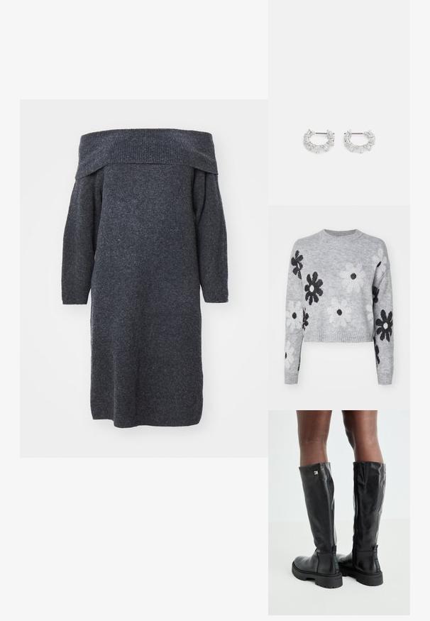 Pulover tricotat scurt gri deschis cu modele de flori negre și albe, decolteu rotund și manșete cu nervuri. Textură moale, design casual.; Rochie tricotată gri închis, cu umerii descoperiți, mâneci lungi, o croială lejeră și decolteu cu nervuri, evidențiind un material texturat.; Cizme negre din piele, până la genunchi, cu o textură netedă, vârf rotund, talpă masivă și închidere cu fermoar. Prezintă un logo argintiu pe lateral.; Cercei argintii în formă de cerc, pe care sunt așezate cristale clare, rectangulare și triangulară, dispuse într-un design patterned. Acestora le sunt atașate piese pentru o fixare sigură.