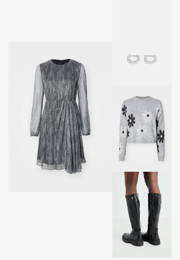 Svijetlosivi skraćeni pleteni džemper s uzorkom crno-bijelih cvjetova, okruglim izrezom i rebrastim manžetama. Mekana tekstura, ležerni dizajn.; Kratka haljina s kratkim rukavima, strukirana, plisirana, od metalik srebrne tkanine, s prozirnim dugim rukavima, okruglim izrezom i patentnim zatvaračem na leđima.; Crne kožne čizme do koljena s glatkom teksturom, okruglim vrhom, debelim potplatom i zatvaranjem na patentni zatvarač. Sadrže srebrni logo sa strane.; Srebrne naušnice s okruglom petljom koje sadrže prozirne, pravokutne i trokutaste kristale raspoređene u uzorak. Kopče za sigurno pričvršćivanje.