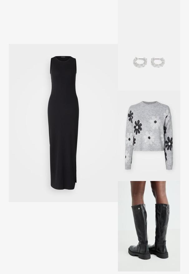 Svijetlosivi skraćeni pleteni džemper s uzorkom crno-bijelih cvjetova, okruglim izrezom i rebrastim manžetama. Mekana tekstura, ležerni dizajn.; Crna haljina maxi bez rukava s prilagođenom siluetom, rebrastom teksturom, okruglim izrezom i bočnim prorezom za lakše kretanje.; Crne kožne čizme do koljena s glatkom teksturom, okruglim vrhom, debelim potplatom i zatvaranjem na patentni zatvarač. Sadrže srebrni logo sa strane.; Srebrne naušnice s okruglom petljom koje sadrže prozirne, pravokutne i trokutaste kristale raspoređene u uzorak. Kopče za sigurno pričvršćivanje.