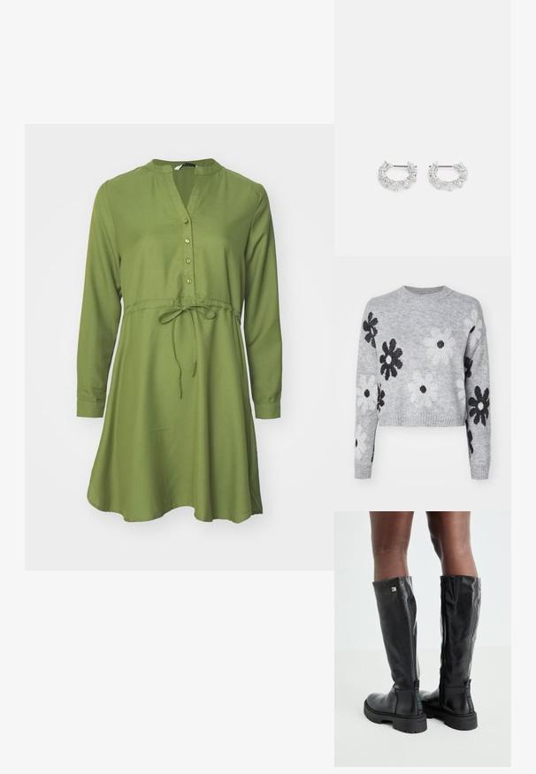 Pulover tricotat scurt gri deschis cu modele de flori negre și albe, decolteu rotund și manșete cu nervuri. Textură moale, design casual.; Rochie verde cu mânecă lungă, decolteu în V, închidere cu nasturi, talie ajustată și fustă evazată. Material neted și design simplu.; Cizme negre din piele, până la genunchi, cu o textură netedă, vârf rotund, talpă masivă și închidere cu fermoar. Prezintă un logo argintiu pe lateral.; Cercei argintii în formă de cerc, pe care sunt așezate cristale clare, rectangulare și triangulară, dispuse într-un design patterned. Acestora le sunt atașate piese pentru o fixare sigură.