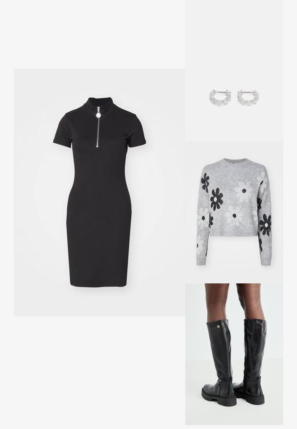 Hellgrauer, kurzgeschnittener Strickpullover mit schwarz-weißen Blumenmustern, Rundhalsausschnitt und gerippten Bündchen. Weiche Textur, lässiges Design.; HUGO NALAYLA - Etuikleid - black; Schwarze knielange Lederstiefel mit glatter Textur, abgerundetem Zeh, robustem Absatz und Reißverschluss. Mit silbernem Logo an der Seite.; Silberne Creolen mit klaren, rechteckigen und dreieckigen Kristallen, die in einem gemusterten Design angeordnet sind. Sicherer Halt durch Stecker.