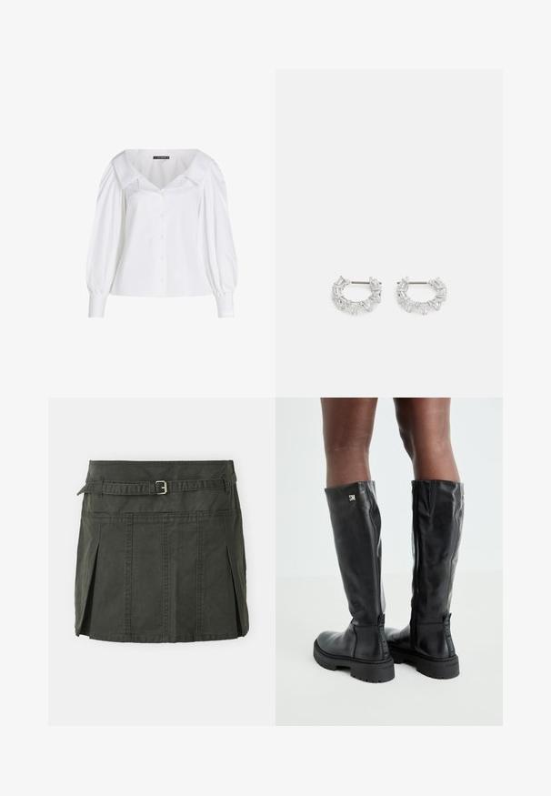 Lys grå kort strikkegenser med svart og hvitt blomstermønster, rund hals og ribbede mansjetter. Myk tekstur, uformelt design.; Hvit skjorte med bred krage, oppblåste lange ermer og en tettsittende midje. Glatt bomullsstoff med subtil glans.; Mørkegrønn, bomulls miniskjørt med en tettsittende midje, belte og frontfolder. Har sømdetaljer og en klassisk snitt.; Svart knelengde lærstøvler med en glatt tekstur, avrundet tå, kraftig såle og glidelås. Har sølvfarget logo på siden.; Sølv hoops øredobber med klare, rektangulære og trekantede krystaller arrangert i et mønsterdesign. Stifter for sikker feste.