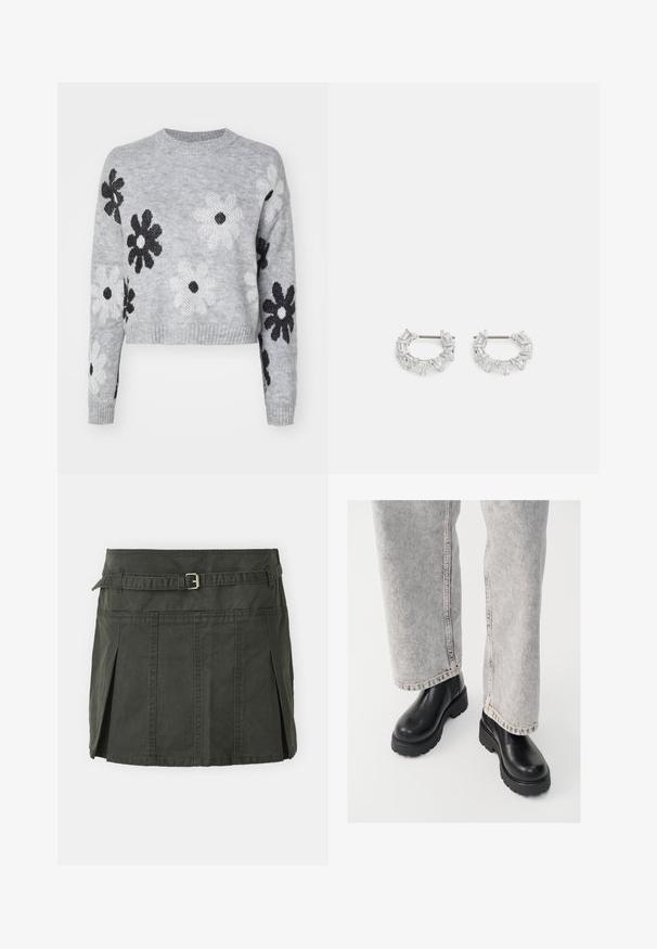 Svijetlosivi skraćeni pleteni džemper s uzorkom crno-bijelih cvjetova, okruglim izrezom i rebrastim manžetama. Mekana tekstura, ležerni dizajn.; Tamnozelena pamučna mini suknja s uskim strukom, remenom i prednjim plisama. Sadrži detalje šivanja i klasičan kroj.; Vagabond COSMO - Gležnjače s platformom - black; Srebrne naušnice s okruglom petljom koje sadrže prozirne, pravokutne i trokutaste kristale raspoređene u uzorak. Kopče za sigurno pričvršćivanje.