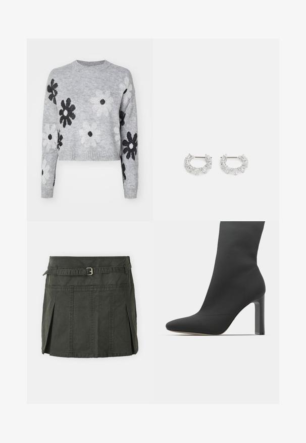 Lichtgrijze cropped gebreide trui met zwart-wit bloemenpatronen, ronde halslijn en ribgebreide manchetten. Zachte textuur, casual ontwerp.; Donkergroene, katoenen mini-jurk met een aansluitende taille, een riem en voorplooien. Bevat stikdetails en heeft een klassieke snit.; Zwarte stiletto enkellaars met een strakke sokachtige uitstraling, puntige neus, gladde stof en een vierkante hoge hak. Minimalistische esthetiek.; Zilveren oorbellen met ringen, versierd met heldere, rechthoekige en driehoekige kristallen die in een patroon zijn gerangschikt. Met gevest voor een veilige bevestiging.