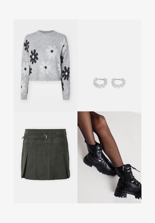 Pulover tricotat scurt gri deschis cu modele de flori negre și albe, decolteu rotund și manșete cu nervuri. Textură moale, design casual.; Fustă mini de bumbac, verde închis, cu talie ajustată, curea și plisse frontale. Prezintă detalii de cusătură și o croială clasică.; Even&Odd Wide Fit Botine cu șireturi - black; Cercei argintii în formă de cerc, pe care sunt așezate cristale clare, rectangulare și triangulară, dispuse într-un design patterned. Acestora le sunt atașate piese pentru o fixare sigură.
