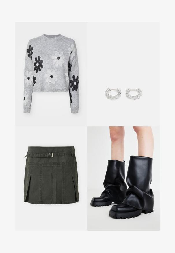 Lichtgrijze cropped gebreide trui met zwart-wit bloemenpatronen, ronde halslijn en ribgebreide manchetten. Zachte textuur, casual ontwerp.; Donkergroene, katoenen mini-jurk met een aansluitende taille, een riem en voorplooien. Bevat stikdetails en heeft een klassieke snit.; Steve Madden SHUTTER - Plateaulaarzen - black; Zilveren oorbellen met ringen, versierd met heldere, rechthoekige en driehoekige kristallen die in een patroon zijn gerangschikt. Met gevest voor een veilige bevestiging.