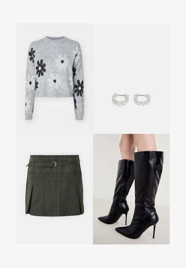 Lyst grå cropped striktrøje med sort og hvid blomstermønster, rund halsudskæring og ribbede manchetter. Blød tekstur, casual design.; Mørkegrøn, bomulds mini nederdel med en tætsiddende talje, et bælte og folder foran. Har syning detaljer og en klassisk snit.; Even&Odd Højhælede støvler - black; Sølvøreringe med hoop-design, der har rektangulære og trekantede klare krystaller arrangeret i et cirkulært mønster med en central post til fastgørelse.
