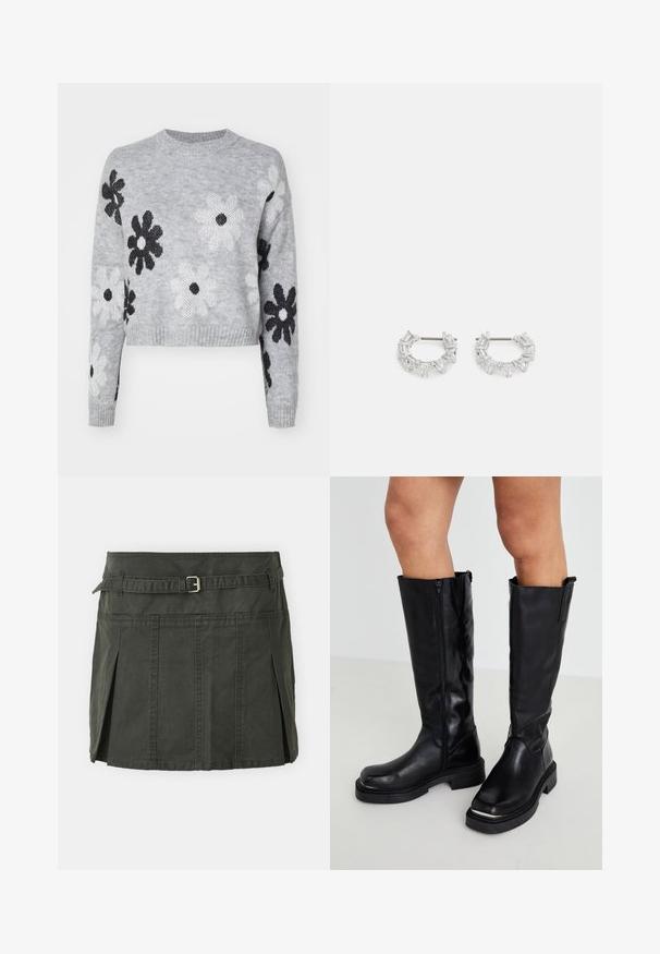 Gaišpelēka īsa adīta džemperis ar melnbaltiem ziedu rakstiem, apaļš dekoltē un ribotas piedurknes. Mīksta tekstūra, ikdienišķs dizains.; Tumši zaļa kokvilnas mini svārki ar pieguļošu jostasvietu, jostu un priekšējiem krokiem. Iekļauj šuvju detaļas un klasisku griezumu.; Gara melna ādas zābaki līdz ceļiem ar sānu rāvējslēdzēju, masīvu gumijas zoli un teksturētu virsmu minimālisma dizainā.; Sudraba auskari ar cilindra formu, kuros ir novietoti taisnstūra un trīsstūra skaidri kristāli, sakārtoti apļa formā ar centrālo stiprinājumu.