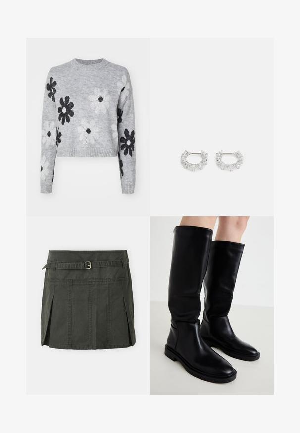 Jasnoszary krótki sweter dziewiarski z czarno-białymi wzorami kwiatowymi, okrągłym dekoltem i ściągaczami. Miękka tekstura, casualowy fason.; Ciemnozielona, bawełniana mini spódniczka z dopasowanym stanem, paskiem i plisami z przodu. Oferuje detale w szyciu i klasyczny krój.; Czarne wysokie buty za kolano wykonane z gładkiej skóry, z zaokrąglonym noskiem, minimalistycznym wzornictwem i płaską gumową podeszwą. Szczegóły szwów po bokach.; Srebrne kolczyki w kształcie kół z przezroczystymi, prostokątnymi i trójkątnymi kryształami ułożonymi w wzorzysty design. Zapięcia dla zapewnienia bezpieczeństwa.