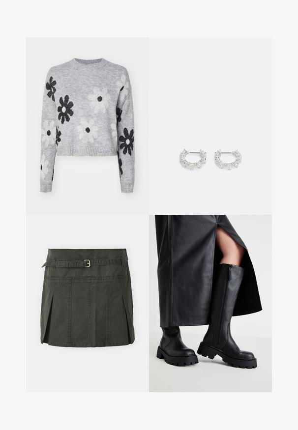 Helehallid lühikeste varrukatega kudum, millel on must-valged lillemustrid, ümmargune kaelus ja soonikkoes mansetid. Pehme tekstuur ja ajatu disain.; Tume roheline puuvillane mini-seelik, mis on kätkestatud vöökoht, vöö ja esipleatiga. Omab õmblusdetailsusi ja klassikalist lõiget.; Mustad põlveks ulatuvad mustad saapad, millel on paks tald, sile nahk, külglaan ja minimalistlik disain, koos musta lõhiku ja seeliku kombinatsiooniga.; Hõbedased rõngaskõrvarõngad, millel on kätkestatud ja kolmnurksed selged kristallid, paigutatud ringikujulisse mustrisse, kus keskpunktis on kinnitust post.