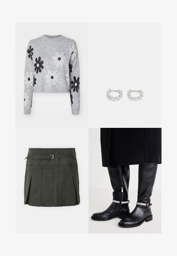 Svetlo sivi skrajšani pleteni pulover z črno-belimi cvetličnimi vzorci, okroglim izrezom in rebrastimi hlačami. Mehka tekstura, sproščen dizajn.; Temno zelena bombažna mini krila s prilega pasom, pasom in sprednjimi naborki. Ima šivane detajle in klasičen kroj.; Črne usnjene škornje do kolen z bočnim zadrgo, z srebrnim poudarnim trakom okoli gležnja in nizko blokasto peto.; Srebrni obročasti uhani, ki vsebujejo prozorne, pravokotne in trikotne kristale, razporejene v vzorčnem dizajnu. Imajo nastavke za varno pritrjevanje.