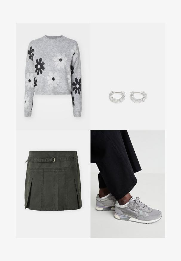 Ljusgrå kort stickad tröja med svartvita blommönster, rund halsringning och ribbade ärmslut. Mjuk textur, avslappnad design.; Mörkgrön, bomull mini kjol med en figursydd midja, ett bälte och framfall. Har stikningar och en klassisk passform.; Grå sneakers med mesh- och mockamaterial, med en vit sula, ljusgrå detaljer och snörning. Bärs med lösa svarta tygbyxor.; Silverfärgade hoops örhängen som har klara, rektangulära och triangulära kristaller arrangerade i ett mönstrat design. Stift för säker fastsättning.