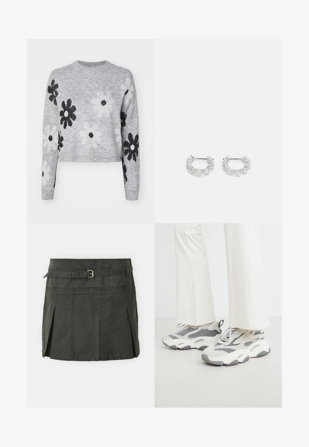 Svijetlosivi skraćeni pleteni džemper s uzorkom crno-bijelih cvjetova, okruglim izrezom i rebrastim manžetama. Mekana tekstura, ležerni dizajn.; Tamnozelena pamučna mini suknja s uskim strukom, remenom i prednjim plisama. Sadrži detalje šivanja i klasičan kroj.; Čvrste atletske tenisice svijetlosive boje, s kombinacijom mrežastih i tekstilnih materijala, uz uzorkovane akcentne detalje i debeli gumeni potplat.; Srebrne naušnice od obruča s pravokutnim i trokutnim prozirnim kristalima aranžiranim u kružnom uzorku, s središnjim postom za zatvaranje.