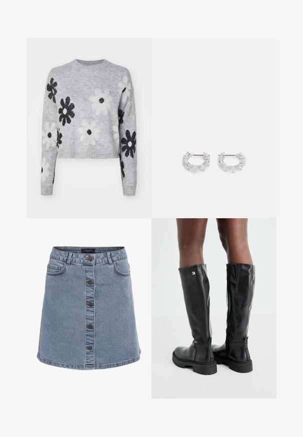 Lys grå kort strikkegenser med svart og hvitt blomstermønster, rund hals og ribbede mansjetter. Myk tekstur, uformelt design.; Denimskjørt i lyseblått med en utsvingt form, med knappelukking foran, to sidelommer og kontrastsøm detaljer.; Svart knelengde lærstøvler med en glatt tekstur, avrundet tå, kraftig såle og glidelås. Har sølvfarget logo på siden.; Sølv hoops øredobber med klare, rektangulære og trekantede krystaller arrangert i et mønsterdesign. Stifter for sikker feste.