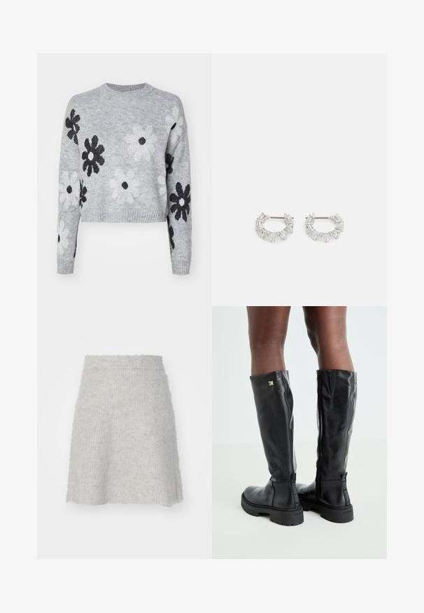 Šviesiai pilkas trumpas megztinis su juodais ir baltais gėlių raštais, apvaliu iškirpimu ir gumburuotomis rankovėmis. Minkšta tekstūra, laisvalaikio dizainas.; Šviesiai pilka megzta sijonas, pagamintas iš minkštos medžiagos, su platesne forma ir šiek tiek tekstūruotu paviršiumi, su elastinga juosta.; Juodos iki kelių odinės botai su lygiu paviršiumi, apvaliu pirštu, stambiu padu ir užtrauktuku. Ant šono yra sidabrinė logo.; Sidabrinės auskarų kabliukų formos auskarai, papuošti aiškiais, stačiakampiais ir trikampiais kristalais, kurie išdėstyti raštuotu dizainu. Tvirtinimai, užtikrinantys saugų prilaikymą.