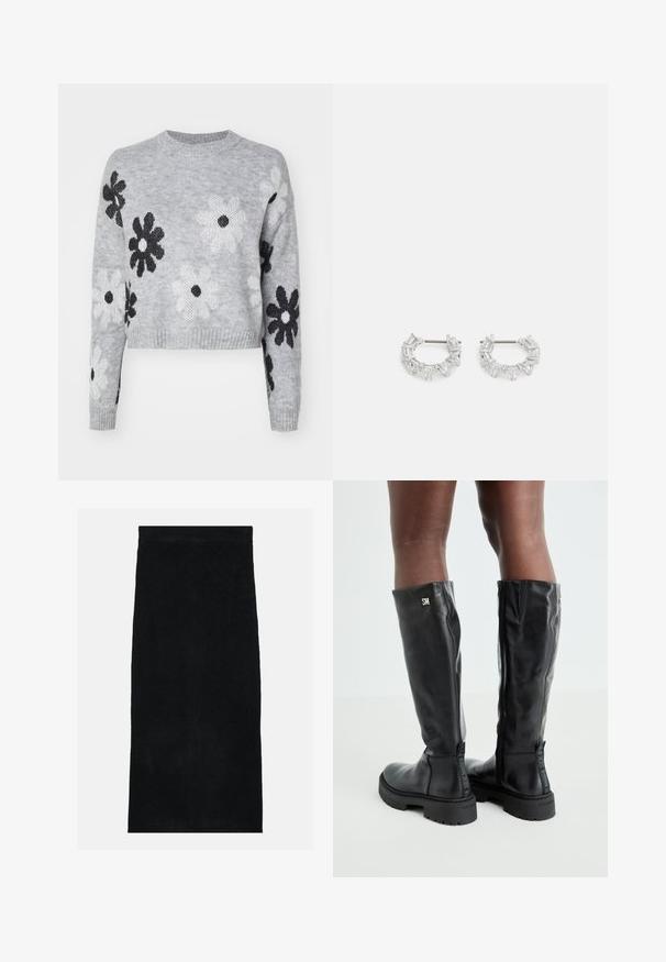 Hellgrauer, kurzgeschnittener Strickpullover mit schwarz-weißen Blumenmustern, Rundhalsausschnitt und gerippten Bündchen. Weiche Textur, lässiges Design.; Schwarzer Handtuchrock aus Frottier, mit einer weichen, strukturierten Oberfläche und einem figurbetonten Taillenbund. Das Design ist einfach und einheitlich, ohne Muster oder Akzente.; Schwarze knielange Lederstiefel mit glatter Textur, abgerundetem Zeh, robustem Absatz und Reißverschluss. Mit silbernem Logo an der Seite.; Silberne Creolen mit klaren, rechteckigen und dreieckigen Kristallen, die in einem gemusterten Design angeordnet sind. Sicherer Halt durch Stecker.