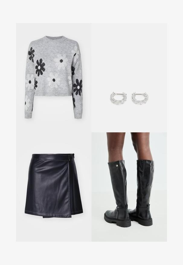 Svetlošedý skrátený úpletový sveter s čierno-bielymi vzormi kvetov, okrúhly výstrih a rebrované manžety. Mäkka textúra, ležérny dizajn.; Čierna kožená mini sukňa s obopínajúcim strihom, s hladkým povrchom, bielymi švovými detailmi a priliehavým pásom.; Čierne kožené čižmy po kolená s hladkou textúrou, okrúhlou špičkou, masívnou podrážkou a zipsovým zapínaním. Na boku majú strieborné logo.; Strieborné kruhové náušnice s jasnými, obdĺžnikovými a trojuholníkovými kryštálmi usporiadanými v vzorovom dizajne. Západky pre zabezpečenie upevnenia.
