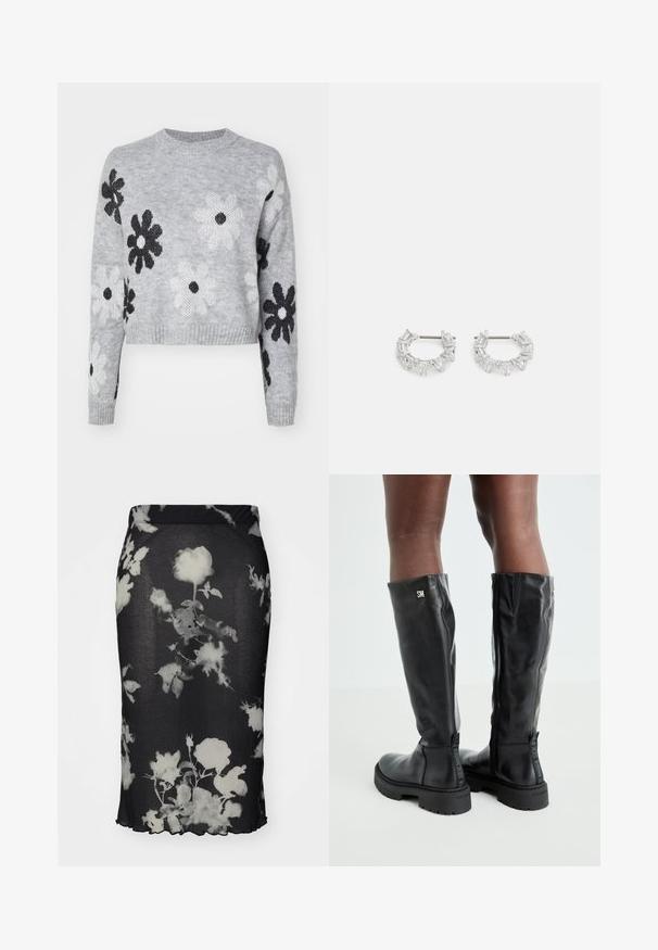 Hellgrauer, kurzgeschnittener Strickpullover mit schwarz-weißen Blumenmustern, Rundhalsausschnitt und gerippten Bündchen. Weiche Textur, lässiges Design.; Schwarzer, gerippter Rock mit einem weißen Blumenmuster, im taillierten Design und mit gewelltem Saum. Das Material scheint dehnbar und leicht zu sein.; Schwarze knielange Lederstiefel mit glatter Textur, abgerundetem Zeh, robustem Absatz und Reißverschluss. Mit silbernem Logo an der Seite.; Silberne Creolen mit klaren, rechteckigen und dreieckigen Kristallen, die in einem gemusterten Design angeordnet sind. Sicherer Halt durch Stecker.