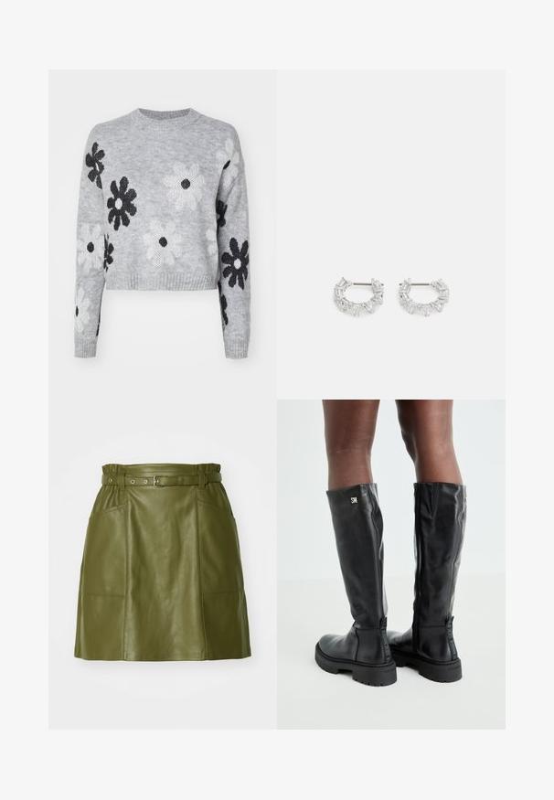 Svijetlosivi skraćeni pleteni džemper s uzorkom crno-bijelih cvjetova, okruglim izrezom i rebrastim manžetama. Mekana tekstura, ležerni dizajn.; Suknja od maslinasto zelene kože s pojasom u struku, koja ima dva prednja džepa i glatku teksturu. A-linija silueta s modernim dizajnom.; Crne kožne čizme do koljena s glatkom teksturom, okruglim vrhom, debelim potplatom i zatvaranjem na patentni zatvarač. Sadrže srebrni logo sa strane.; Srebrne naušnice s okruglom petljom koje sadrže prozirne, pravokutne i trokutaste kristale raspoređene u uzorak. Kopče za sigurno pričvršćivanje.