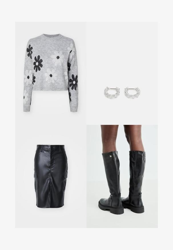 Lys grå kort strikkegenser med svart og hvitt blomstermønster, rund hals og ribbede mansjetter. Myk tekstur, uformelt design.; Svart imitert skinn blyantskjørt med middels lengde, med front knappelukking og to sidene cargo lommer. Glatt tekstur.; Svart knelengde lærstøvler med en glatt tekstur, avrundet tå, kraftig såle og glidelås. Har sølvfarget logo på siden.; Sølv hoops øredobber med klare, rektangulære og trekantede krystaller arrangert i et mønsterdesign. Stifter for sikker feste.