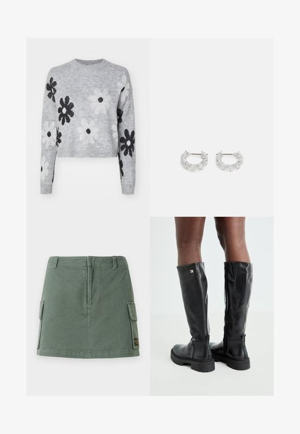 Svijetlosivi skraćeni pleteni džemper s uzorkom crno-bijelih cvjetova, okruglim izrezom i rebrastim manžetama. Mekana tekstura, ležerni dizajn.; Zelena traper suknja s uskim pojasom, dva bočna džepa i aplikacijom na donjoj desnoj strani. Glatka tekstura s suptilnim sjajem.; Crne kožne čizme do koljena s glatkom teksturom, okruglim vrhom, debelim potplatom i zatvaranjem na patentni zatvarač. Sadrže srebrni logo sa strane.; Srebrne naušnice s okruglom petljom koje sadrže prozirne, pravokutne i trokutaste kristale raspoređene u uzorak. Kopče za sigurno pričvršćivanje.