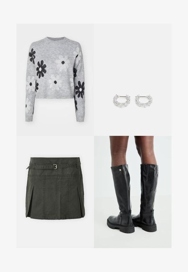 Világosszürke, rövidített kötött pulóver fekete és fehér virágmintával, kerek nyakkivágással és bordázott mandzsettákkal. Puha tapintás, lezser dizájn.; Sötétzöld, pamut mini szoknya, formázott derékkal, övvel és elülső pliszékkel. Varrott részletekkel és klasszikus szabással rendelkezik.; Fekete, térd fölé érő bőr csizmák sima textúrával, lekerekített orral, vastag talppal és cipzáras záródással. Ezüst színű logó található az oldalon.; Ezüst fülbevalók, amelyek téglalap és háromszög formájú áttetsző kristályokból állnak, körkörös elrendezésben, középen egy rögzítőpinnel.