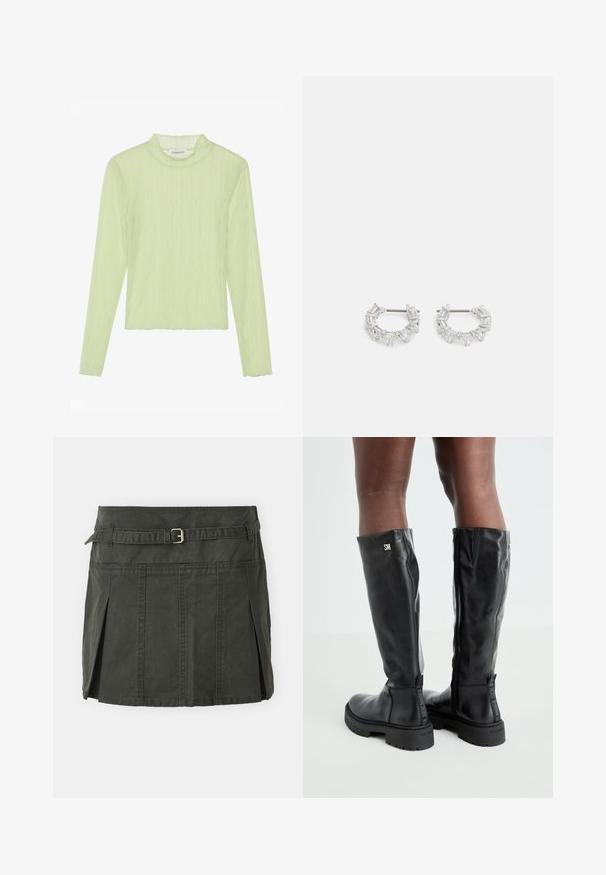 Svetlo sivi skrajšani pleteni pulover z črno-belimi cvetličnimi vzorci, okroglim izrezom in rebrastimi hlačami. Mehka tekstura, sproščen dizajn.; Dolga majica z dolgimi rokavi v svetlo zeleni barvi, teksturirana tkanina z visokim ovratnikom in valovitim vzorcem. Ozek kroj s skrajšanim dizajnom in valovitim robom.; Temno zelena bombažna mini krila s prilega pasom, pasom in sprednjimi naborki. Ima šivane detajle in klasičen kroj.; Črne usnjene škornje do kolen z gladko teksturo, zaobljenim nosom, debelim podplatom in zadrgo. Imajo srebrni logo na strani.; Srebrni obročasti uhani, ki vsebujejo prozorne, pravokotne in trikotne kristale, razporejene v vzorčnem dizajnu. Imajo nastavke za varno pritrjevanje.