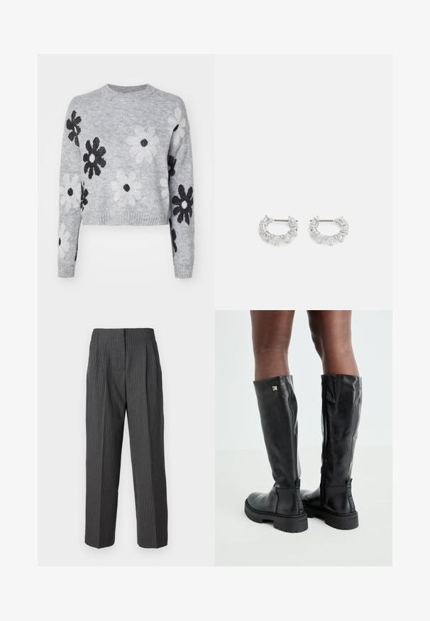 Lys grå kort strikkegenser med svart og hvitt blomstermønster, rund hals og ribbede mansjetter. Myk tekstur, uformelt design.; 2nd Day CARTER - Bukse - dark grey; Svart knelengde lærstøvler med en glatt tekstur, avrundet tå, kraftig såle og glidelås. Har sølvfarget logo på siden.; Sølv hoops øredobber med klare, rektangulære og trekantede krystaller arrangert i et mønsterdesign. Stifter for sikker feste.