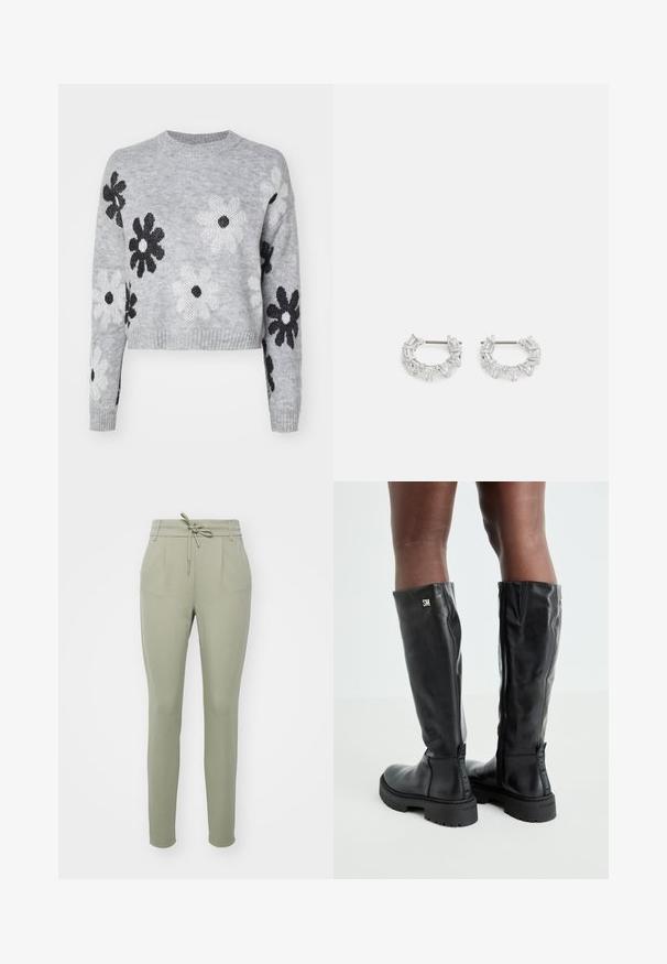 Light gray cropped knit sweater with black and white flower patterns, round neckline, and ribbed cuffs. Soft texture, casual design.; Light green tapered pants with a drawstring waist, front pleats, and elastic cuffs, made from soft, smooth fabric.; Black knee-high leather boots with a smooth texture, rounded toe, chunky sole, and zipper closure. Features silver logo on the side.; Silver hoop earrings featuring clear, rectangular and triangular crystals arranged in a patterned design. Posts for secure fastening.