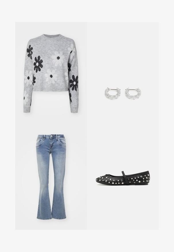 Pulover tricotat scurt gri deschis cu modele de flori negre și albe, decolteu rotund și manșete cu nervuri. Textură moale, design casual.; Jeans evazați albaștri din denim, cu o spălare deschisă, cinci buzunare și închidere cu buton. Picioarele sunt largi la tiv.; Balerini negre din piele, decorati cu strasuri argintii. Include o curea peste glezna și un design cu vârf rotund.; Cercei argintii în formă de cerc, pe care sunt așezate cristale clare, rectangulare și triangulară, dispuse într-un design patterned. Acestora le sunt atașate piese pentru o fixare sigură.